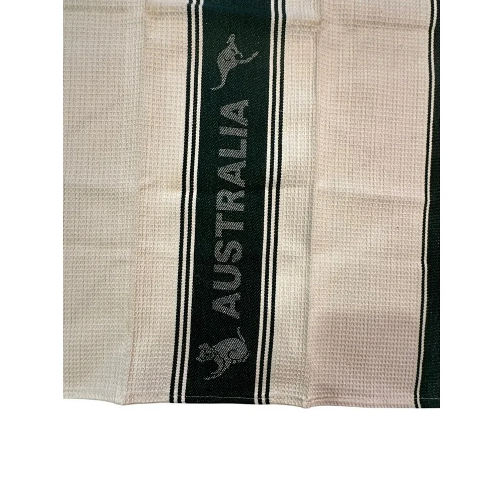 Australia Souvenir TeaTowel Green White Waffle Weave Kangaroo Kitchen Dish Cloth